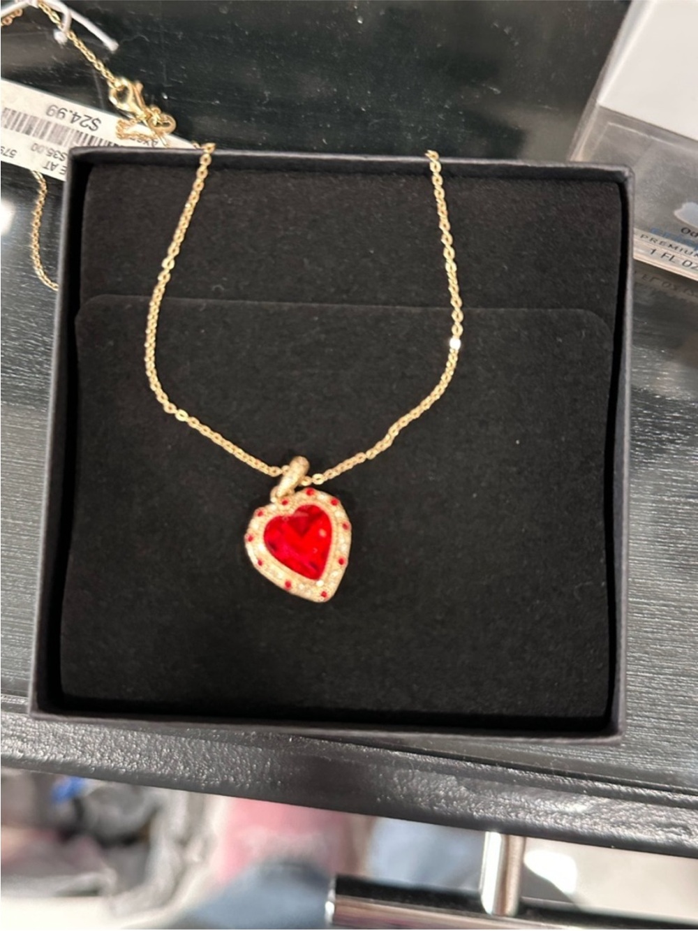 Gold-Tone Heart Pendant Necklace with Red Crystal Accent - Picture 3 of 3